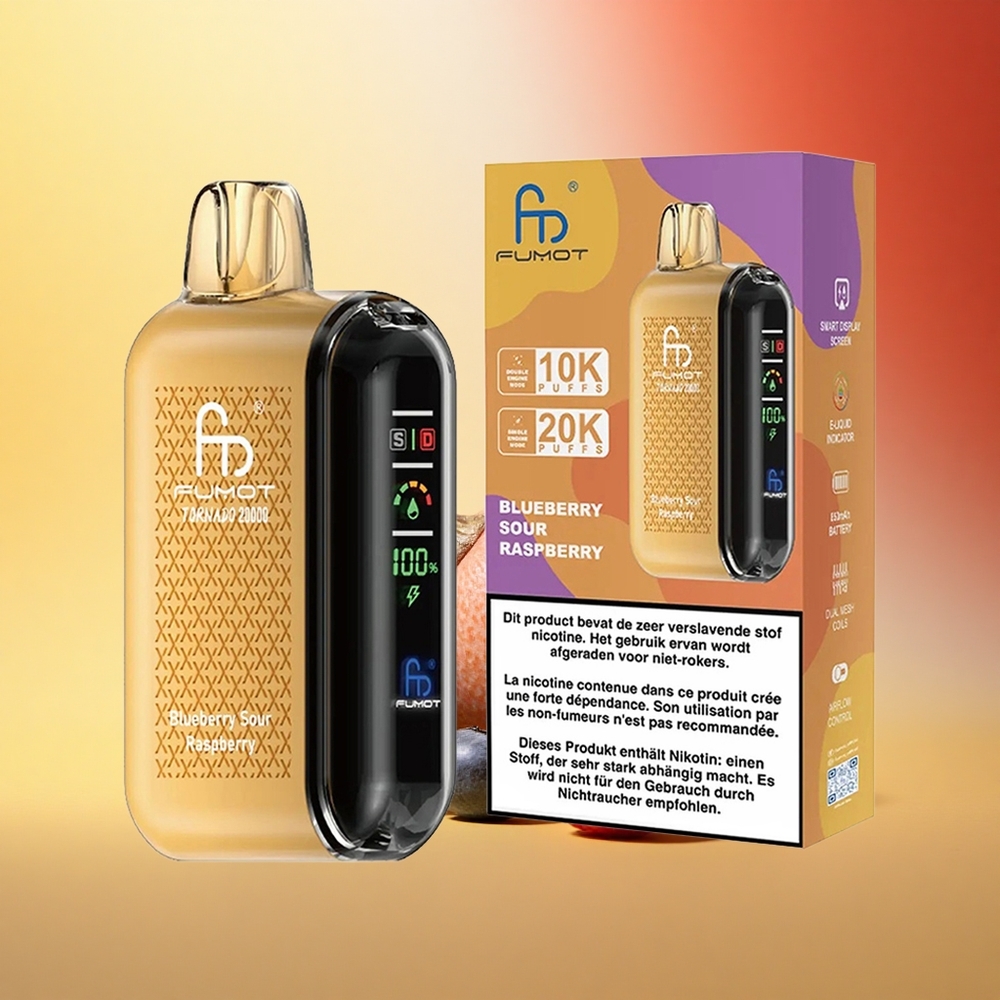 Fumot Tornado 20000 Puffs Borovnična Kisla Malina z Dvojno Mrežasto Tuljavo in Pametnim Zaslonom