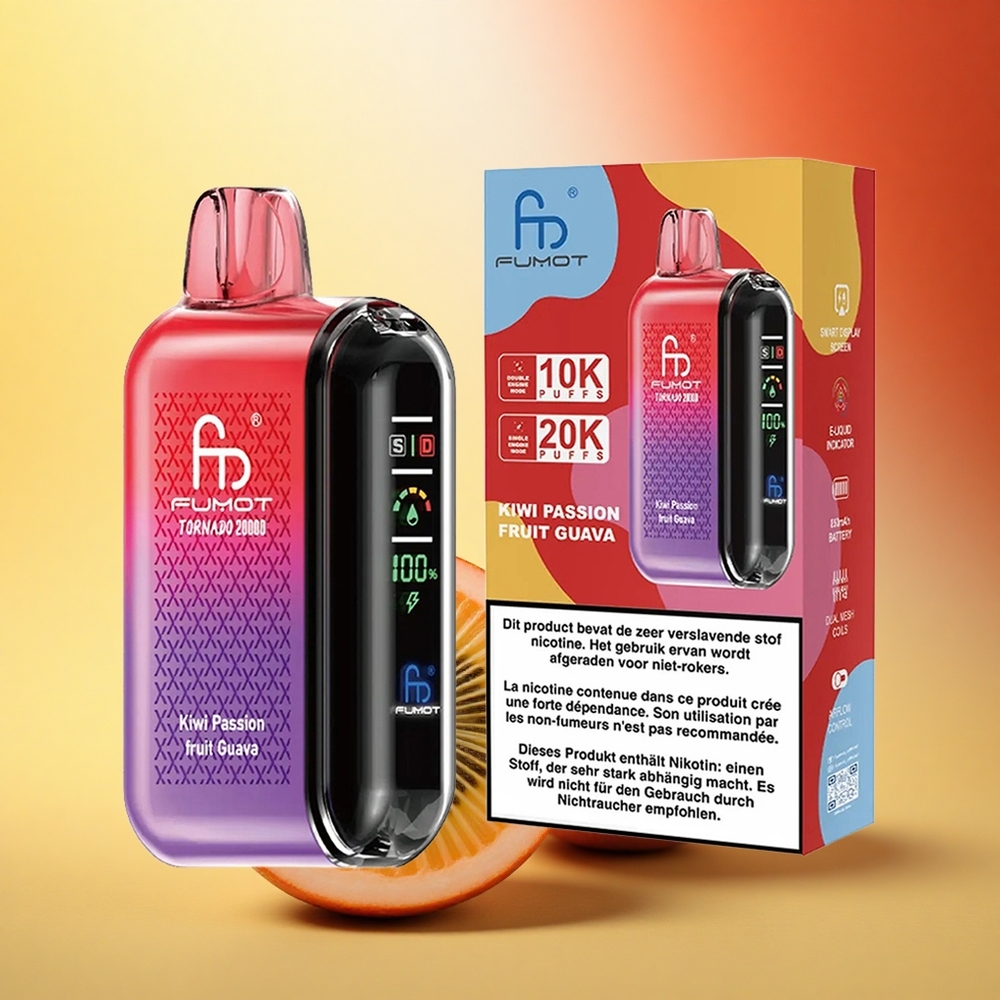 Fumot Tornado 20000 Puffs Pasijonasti Guava Kiwi z Dvojno Mrežno Tuljavo in 20ml E-tekočine