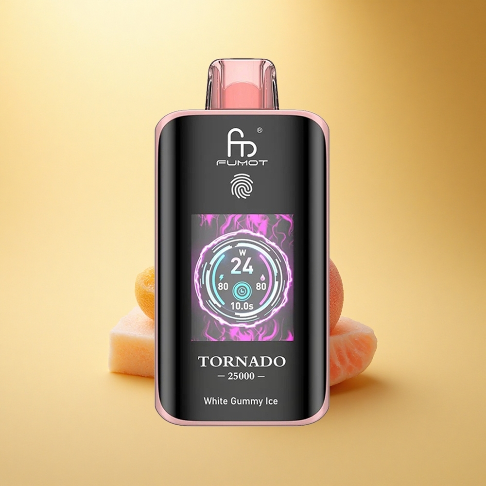 Fumot Tornado 25000 Puffs Beli Gumijasti Led z HD Zaslonom in 700mAh Baterijo
