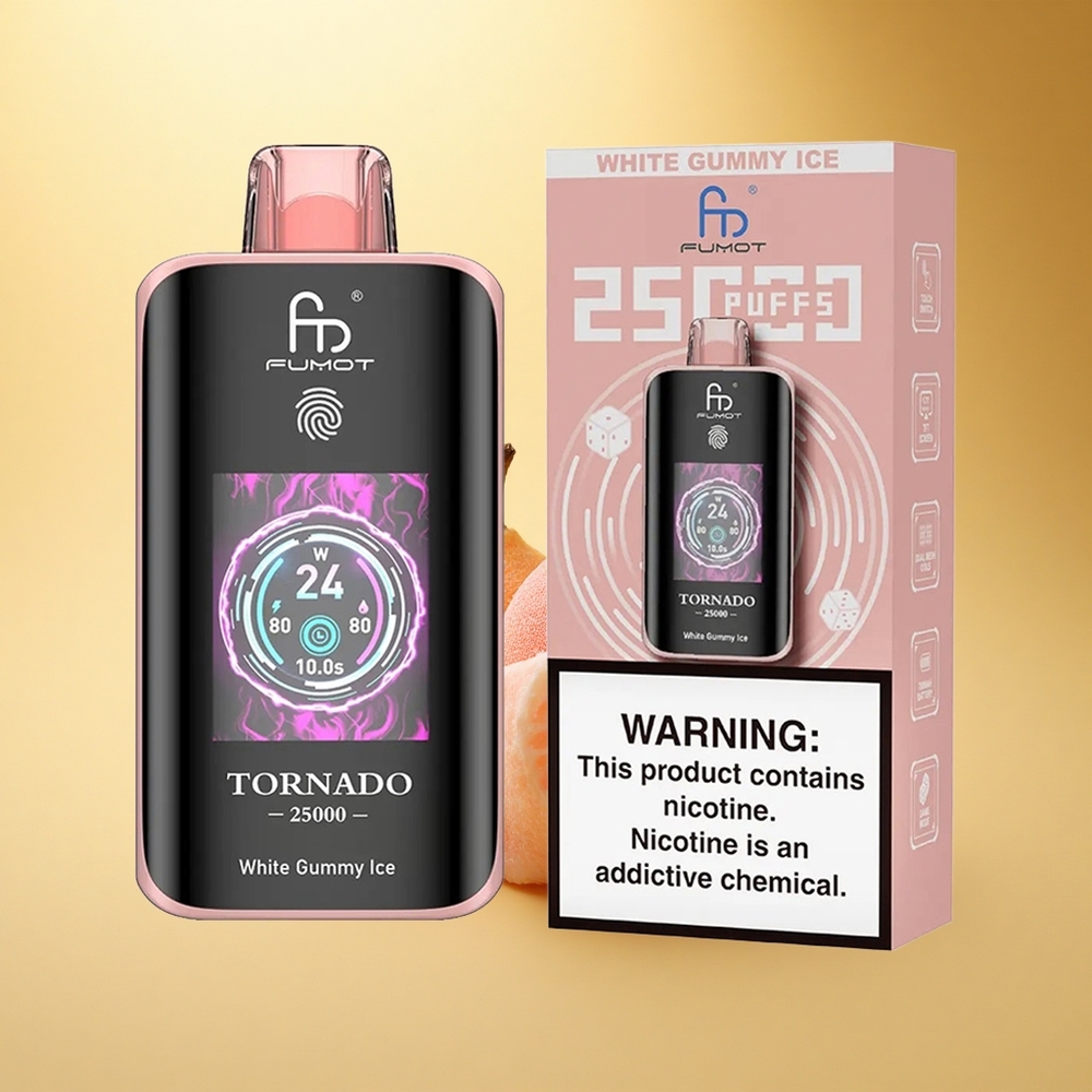Fumot Tornado 25000 Puffs Beli Gumijasti Led z HD Zaslonom in 700mAh Baterijo